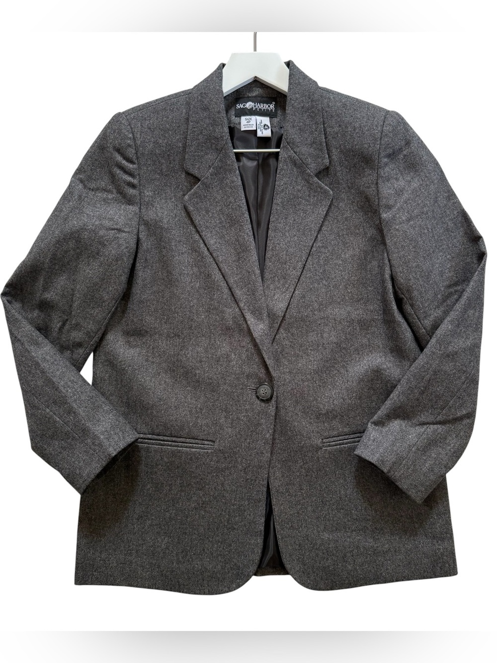 Vintage 90s Sag Harbor Wool Gray One Button Blazer Women Size 4P Business Casual
